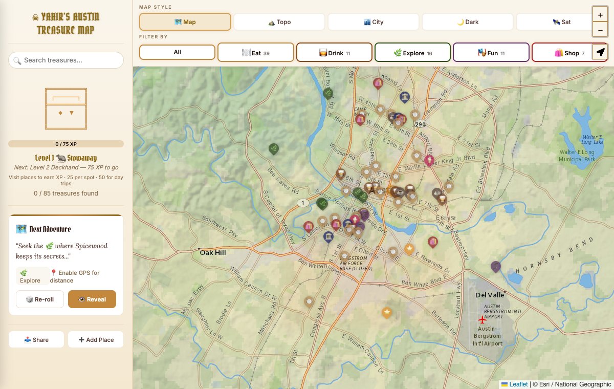 Austin Treasure Map showing places to explore, map filters, and discovery progress.