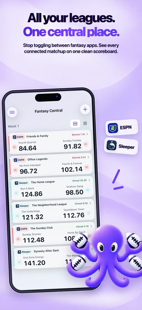 Fantasy Central App Store screenshot showing ESPN and Sleeper leagues together.
