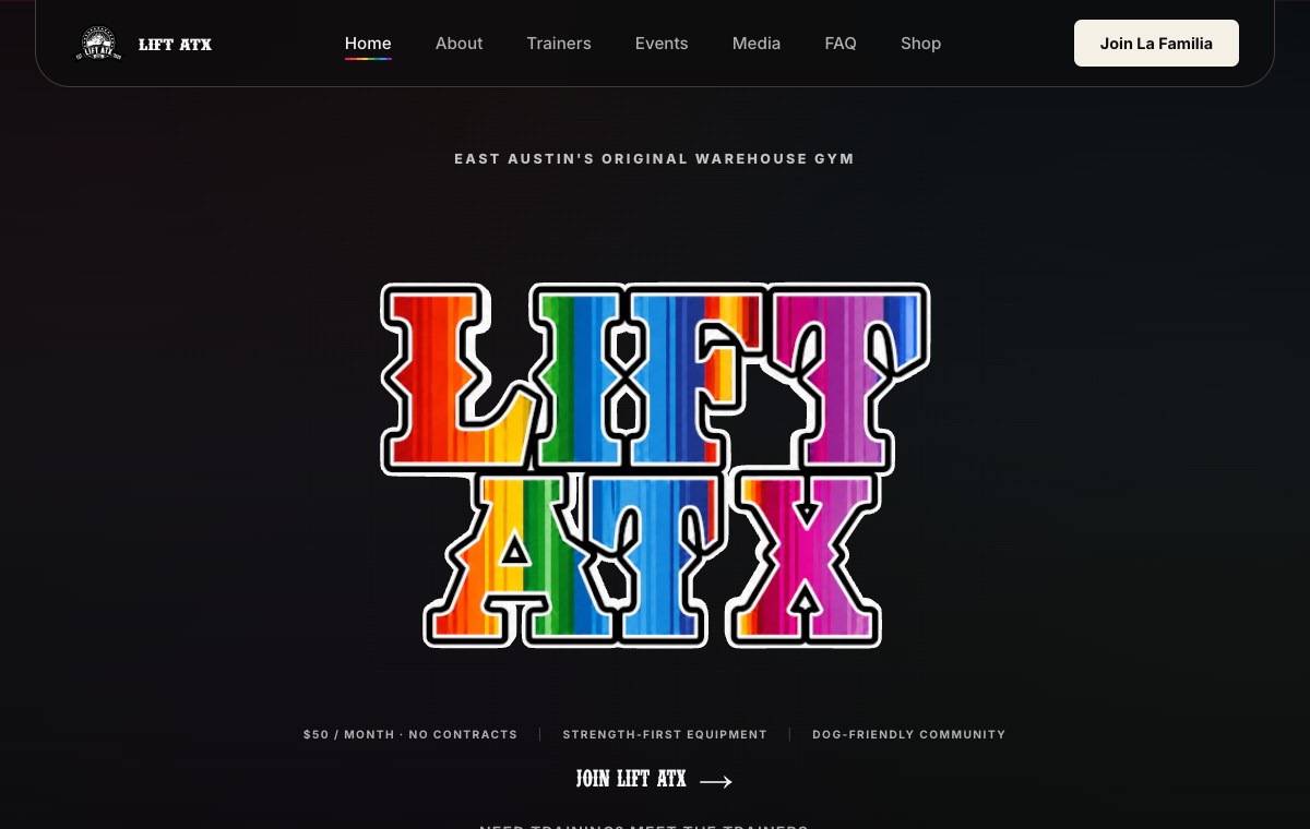 Lift ATX website showing the gym’s identity and navigation.
