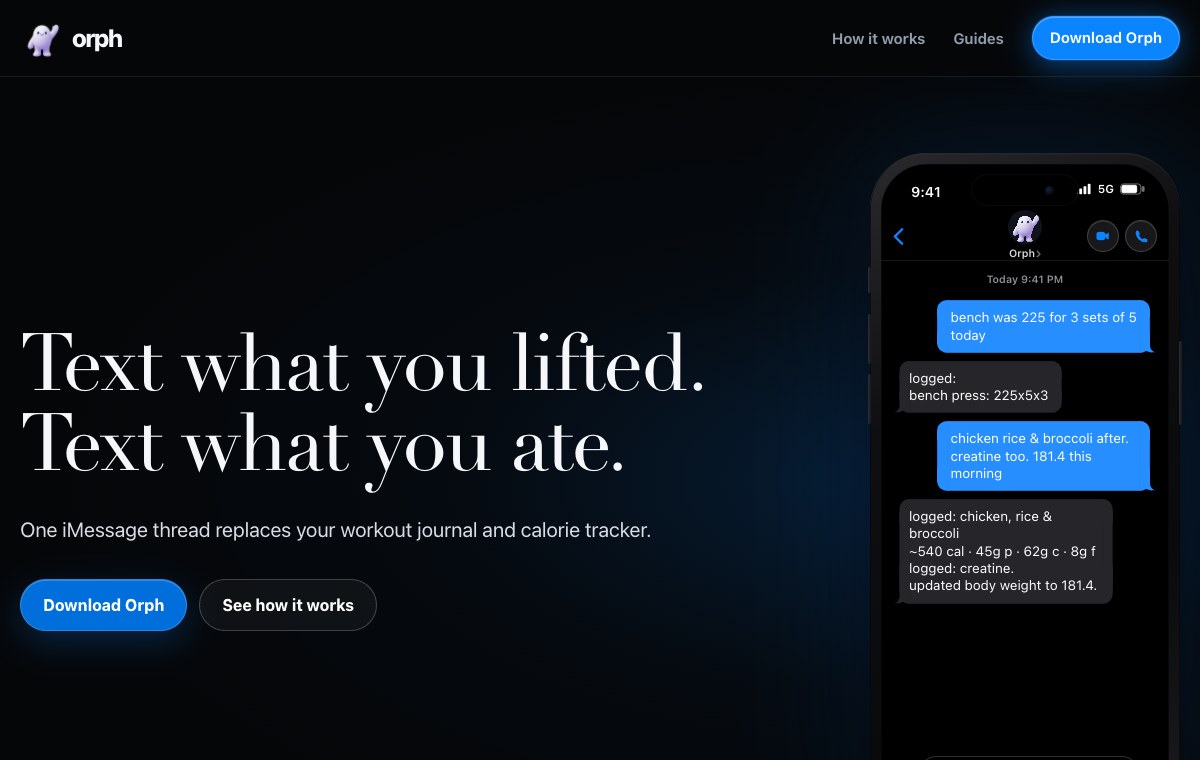 Orph website showing an example workout and meal conversation in iMessage.