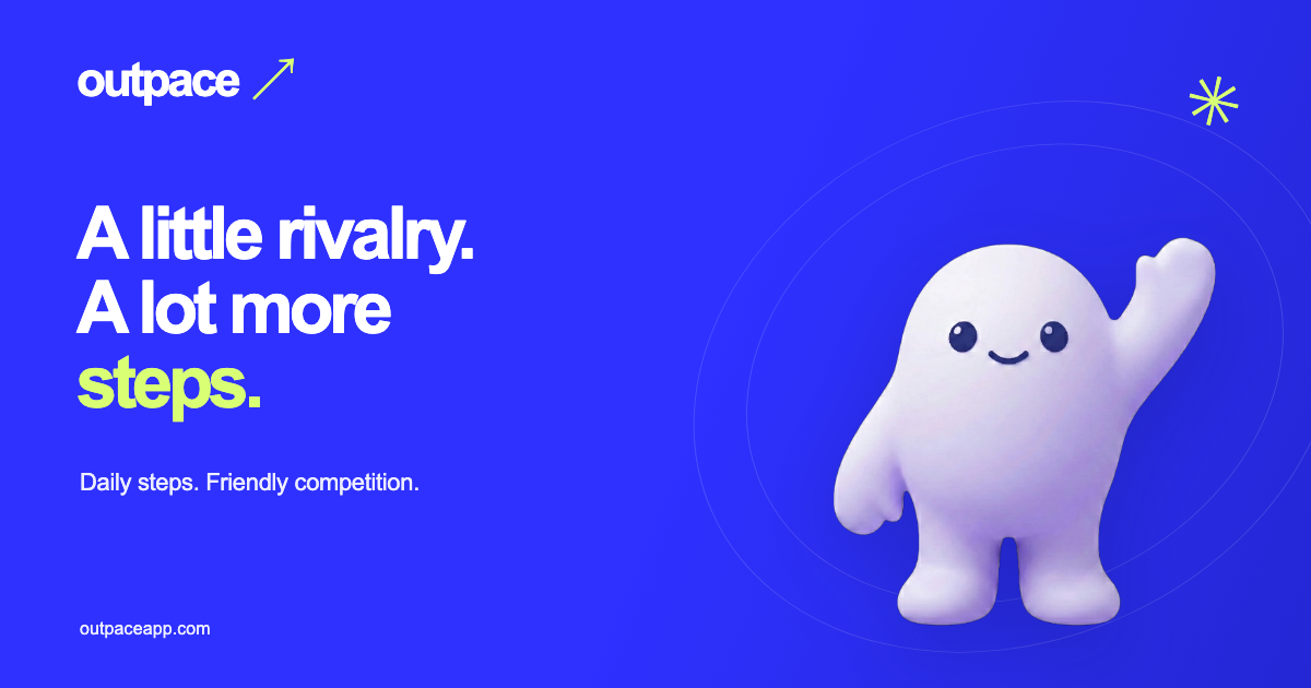 Outpace's blue website preview with its waving character and the line ‘A little rivalry. A lot more steps.’