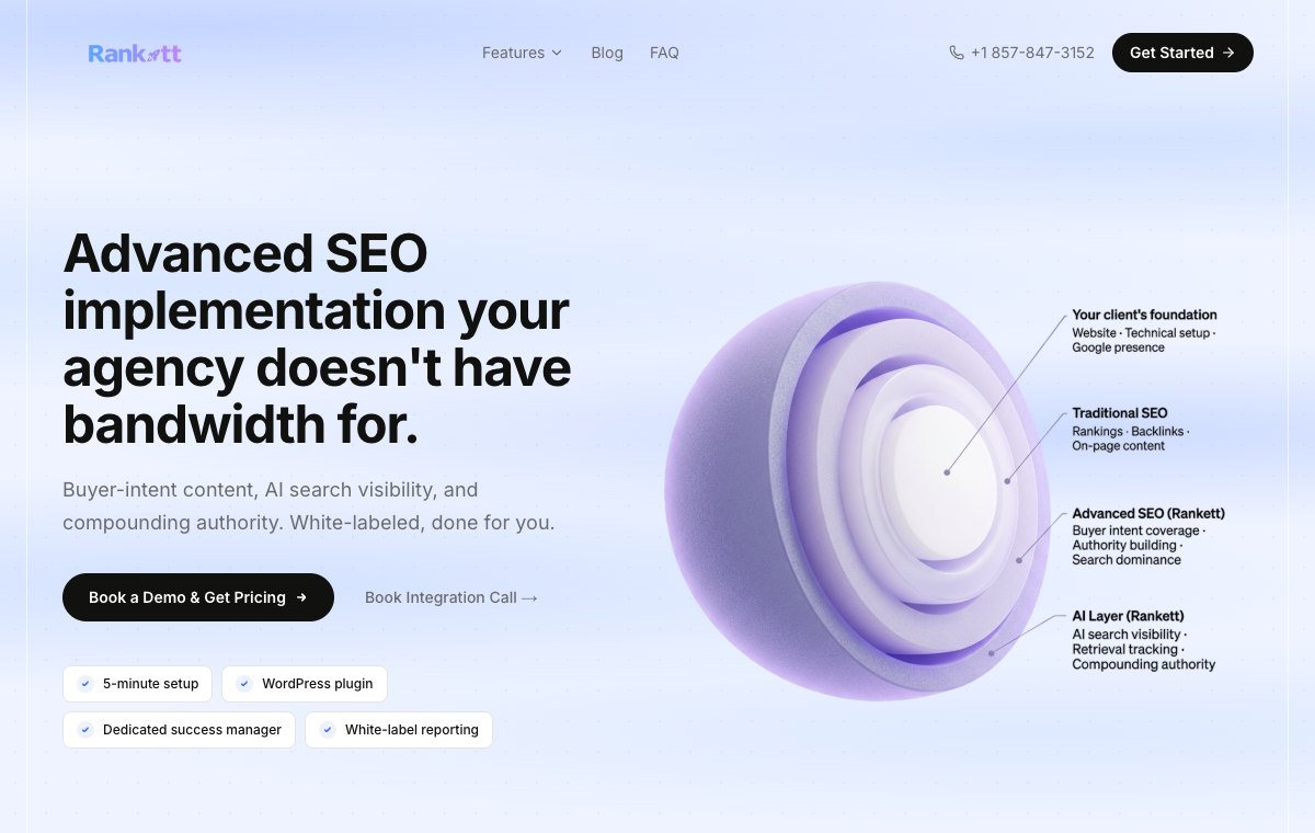 Rankett website showing its agency search visibility service and implementation layers.